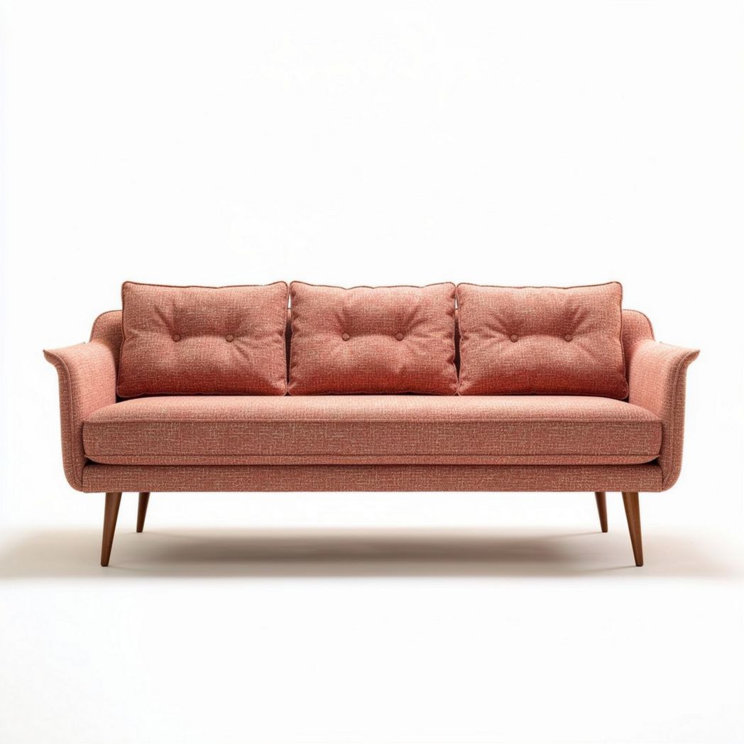 Mid-century modern three-seater sofa in blush fabric with wooden legs 180 x 80 x 85cm
