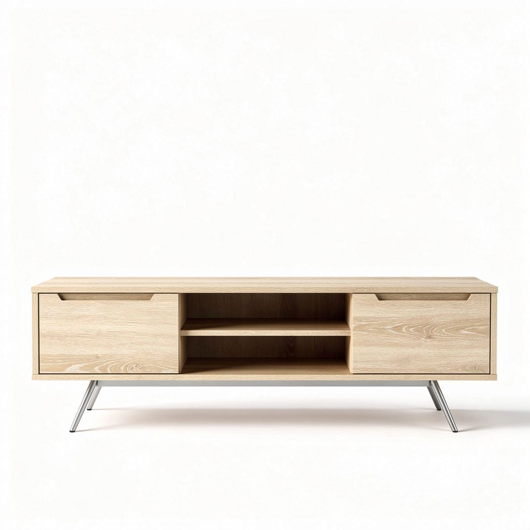 Natural wood media console table with storage space 160 x 40 x 50cm