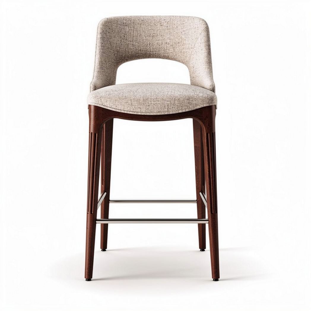 Wooden bar stool with upholstered seat in beige fabric 45 x 40 x 100cm