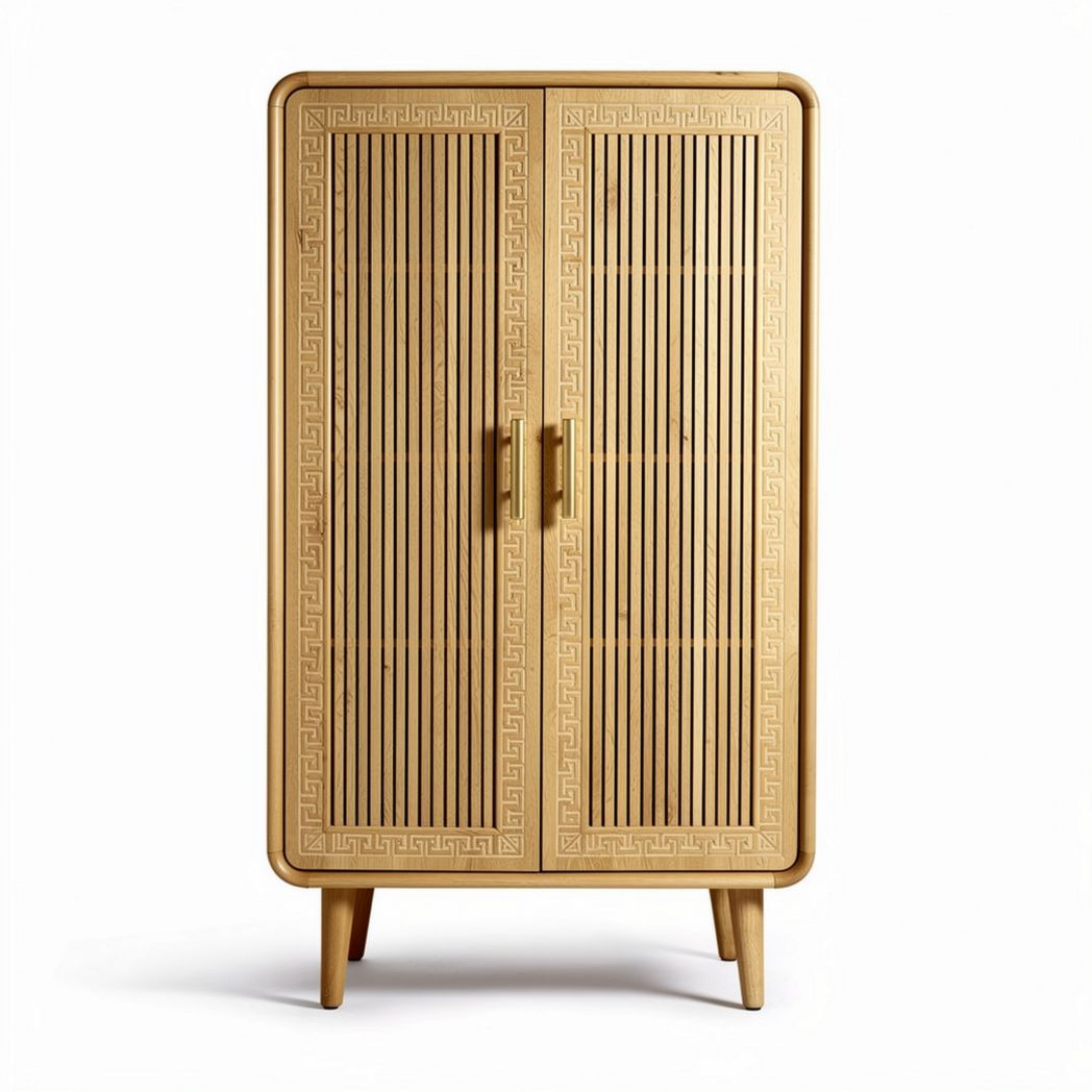 Wooden storage cabinet with decorative slatted design and gold handles 80 x 40 x 150cm