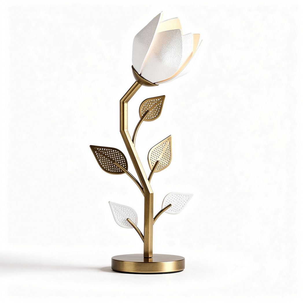 Floral table lamp with metal base and leaf design in white and gold 30 x 20 x 60cm