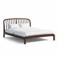 Wooden queen size bed frame with curved headboard and slatted design