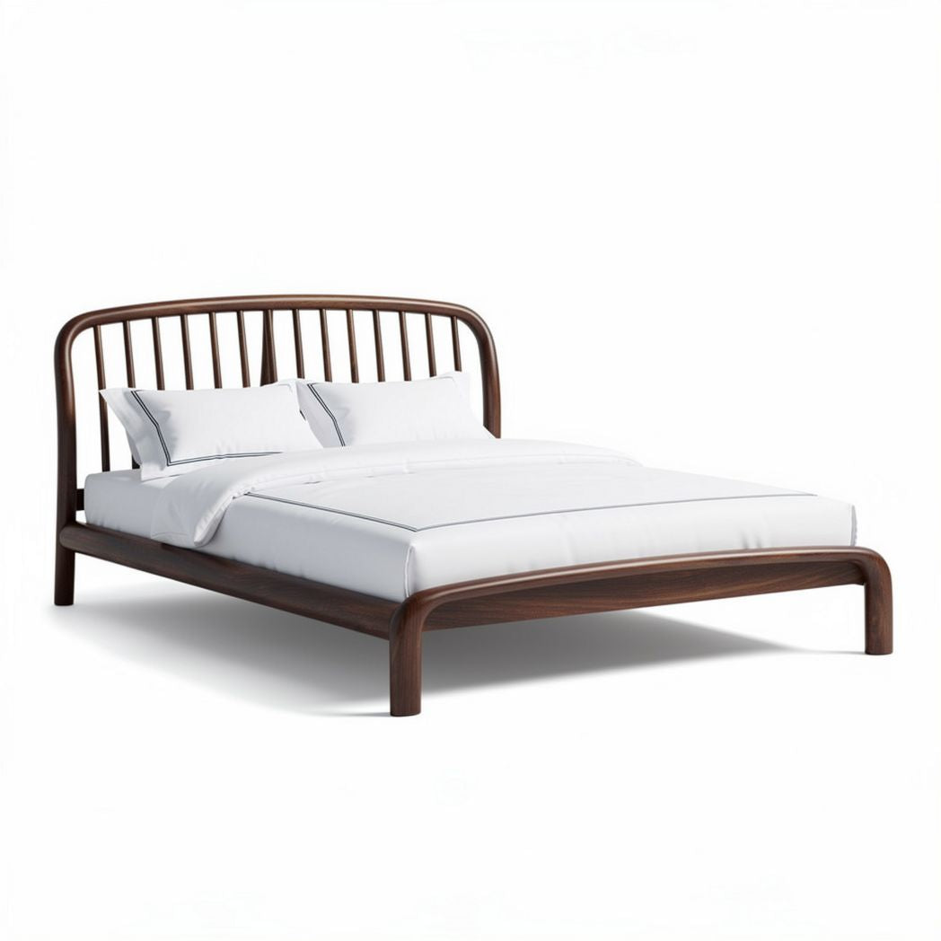 Wooden queen size bed frame with curved headboard and slatted design