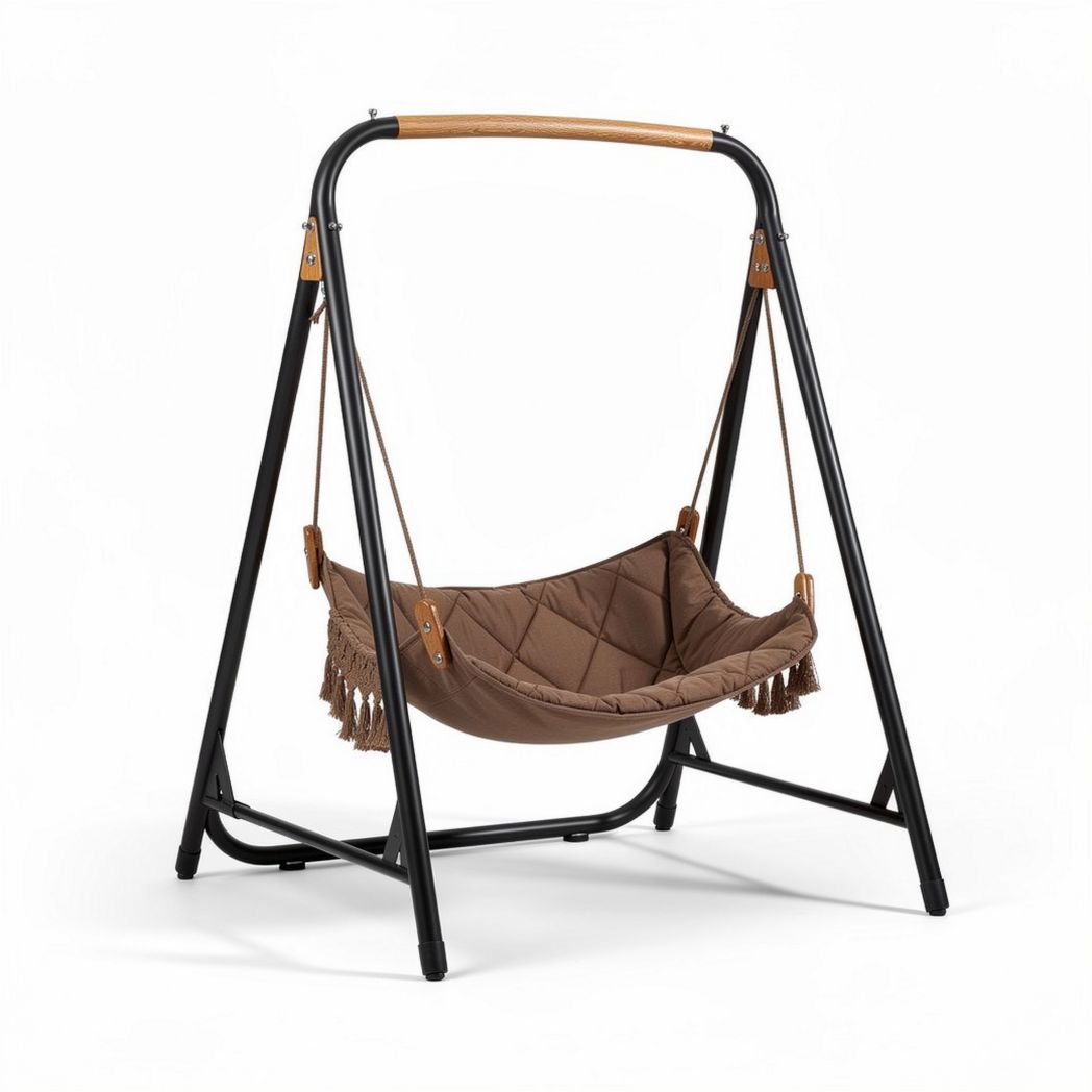 Hanging hammock chair with metal frame and fabric seat in brown 100 x 80 x 120cm