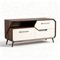 Wood and white modern TV stand with two drawers and open storage 120 x 40 x 60cm