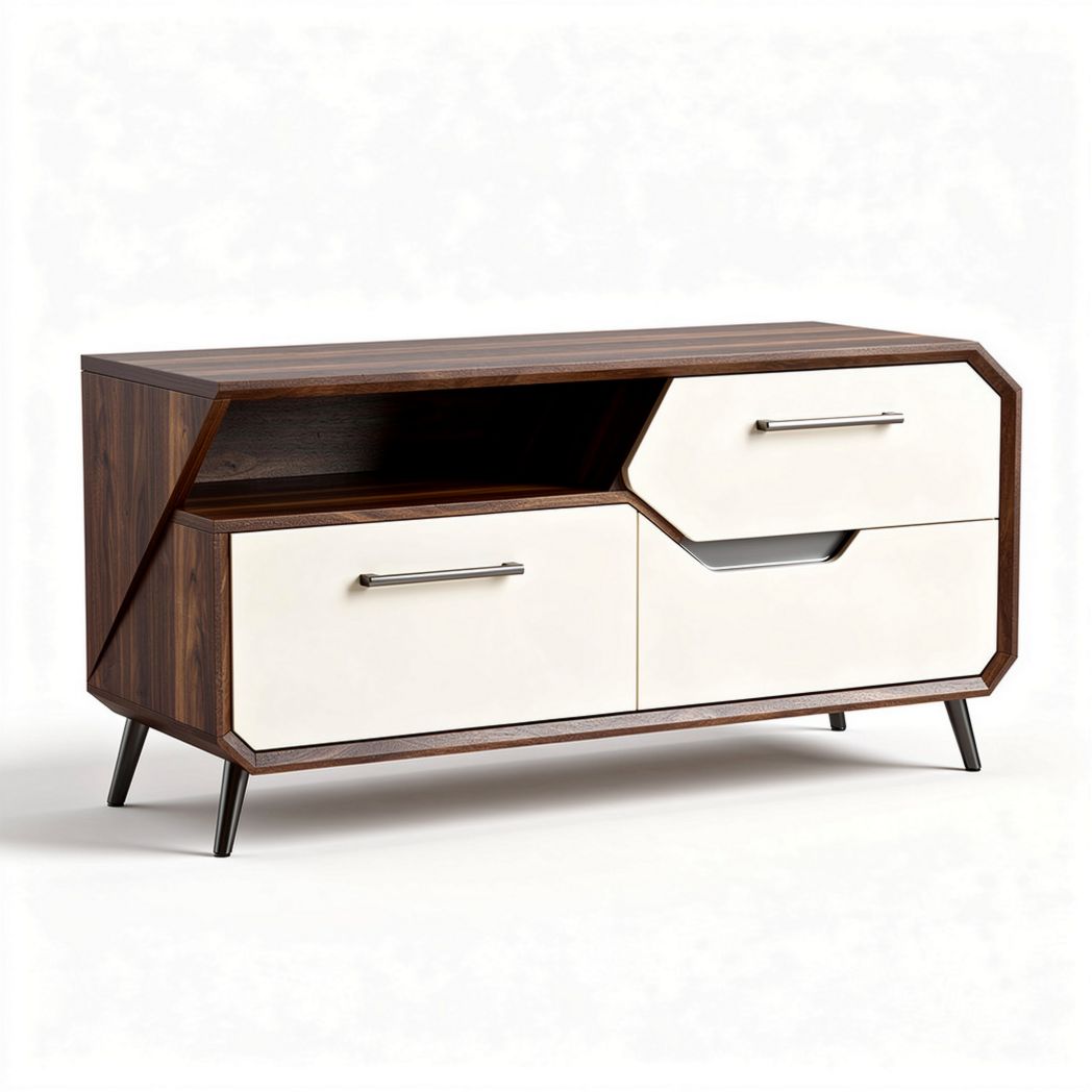 Wood and white modern TV stand with two drawers and open storage 120 x 40 x 60cm